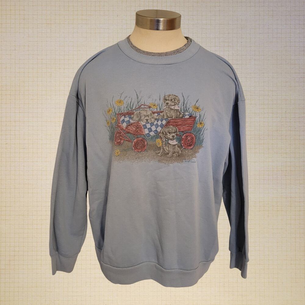 Vintage 80s Puppy Graphic Sweatshirt Carol Reed Blue Oversized M L